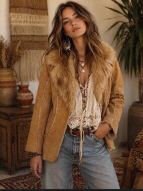 Guess Y2K Penny Lane Coat Jacket Tan Leather Suede Faux Fur Boho Excellent Small